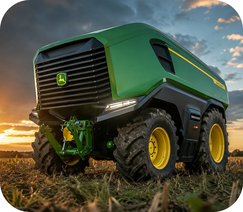 Tractor autónomo John Deere en un lote al atardecer